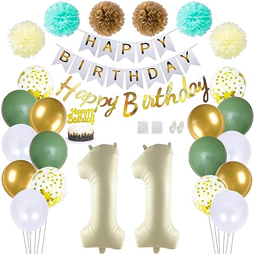 Daimay 11 Geburtstag Deko Frauen Mann Grün Beige Geburtstag Luftballon Dekoration Gold Weiß Party Deco Happy Birthday Girlande 11 Jahr Geburtstagdeko Ballons Pompons Konfetti Luftballons Tortenaufsatz von Daimay