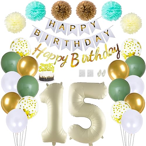 Daimay 15 Geburtstag Deko Frauen Mann Grün Beige Geburtstag Luftballon Dekoration Gold Weiß Party Deco Happy Birthday Girlande 15 Jahr Geburtstagdeko Ballons Pompons Konfetti Luftballons Tortenaufsatz von Daimay