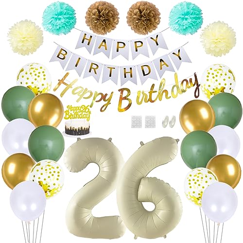 Daimay 26 Geburtstag Deko Frauen Mann Grün Beige Geburtstag Luftballon Dekoration Gold Weiß Party Deco Happy Birthday Girlande 26 Jahr Geburtstagdeko Ballons Pompons Konfetti Luftballons Tortenaufsatz von Daimay