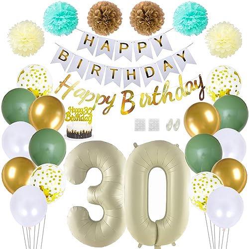 Daimay 30 Geburtstag Deko Frauen Mann Grün Beige Geburtstag Luftballon Dekoration Gold Weiß Party Deco Happy Birthday Girlande 30 Jahr Geburtstagdeko Ballons Pompons Konfetti Luftballons Tortenaufsatz von Daimay