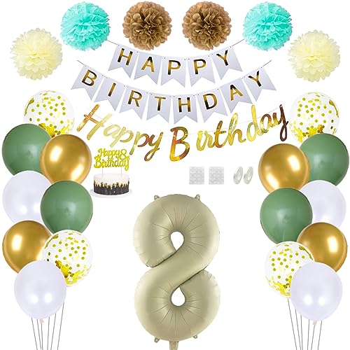 Daimay 8 Geburtstag Deko Frauen Mann Grün Beige Geburtstag Luftballon Dekoration Gold Weiß Party Deco Happy Birthday Girlande 8 Jahr Geburtstagdeko Ballons Pompons Konfetti Luftballons Tortenaufsatz von Daimay