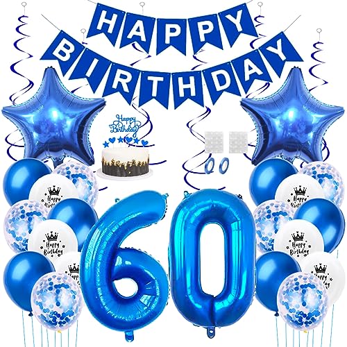 Daimay 60. Geburtstag Dekorationen Blau Geburtstagsdeko Mann Frauen Happy Birthday Banner Konfetti Luftballons Nummer Folienballons Stern Mylar Ballon Tortendeko für 60 Jahre Geburtstagsdeko von Daimay