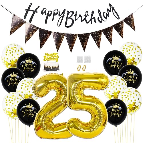 Daimay 25. Geburtstag Dekorationen Schwarz Gold Geburtstagsdeko Mann Frauen Happy Birthday Banner Konfetti Luftballons Nummer Folienballons Geburtstag Tortendeko für 25 Jahre Geburtstagsdeko von Daimay