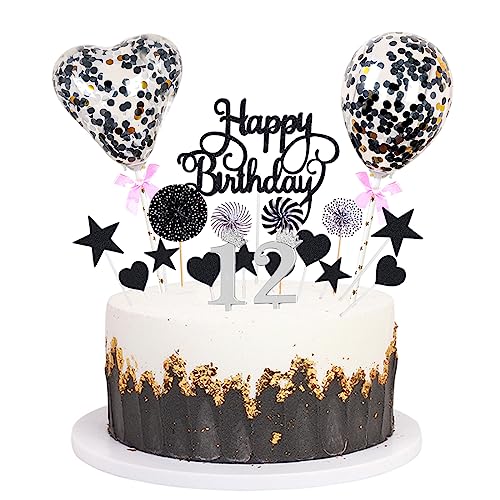 Daimay Tortenaufsätze Geburtstag Tortendeko Cake Topper Kuchen Deko Happy Birthday kuchendeko Boho Torten Topper Cupcake Muffin Topper Ballon Glitter Stern Konfetti Luftballon - Schwarz 12 von Daimay