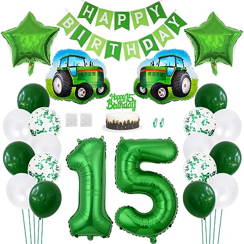 Daimay Traktor Geburtstag Deko 15 Jahre Auto Foil Balloon Happy Birthday Banner Trecker Luftballons Bauernhof Geburtstagsdeko Grün Folienballon Traktor Bagger Tortendeko für Jungen Party Dekoration von Daimay