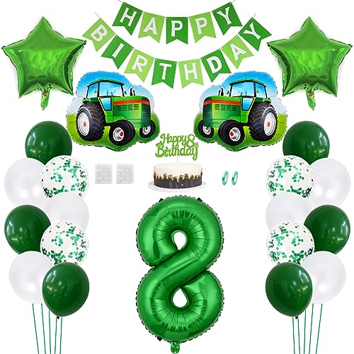 Daimay Traktor Geburtstag Deko 8 Jahre Auto Foil Balloon Happy Birthday Banner Trecker Luftballons Bauernhof Geburtstagsdeko Grün Folienballon Traktor Bagger Tortendeko für Jungen Party Dekoration von Daimay