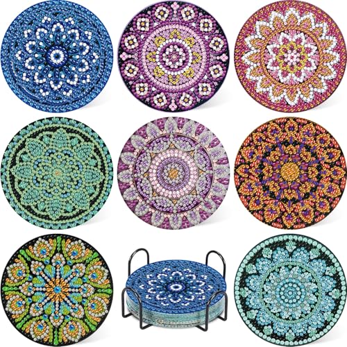 8 Stück Diamond Painting Untersetzer Mandala Diamond Painting Coasters with Holder, Mandala Diamond Cup Coasters 5D DIY Mandala Untersetzer rutschfest für Anfänger, Erwachsene & Kinder von Daisen Art