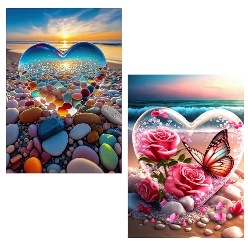 2 Pack Diamond Painting Erwachsene, 5D Diamond Painting Herz, Strand Diamond Painting Bilder, Sonnenuntergang Diamond Painting Set 30x40cm von Daisen Art