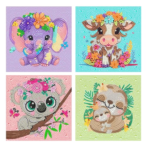 Daisen Art 4er Set Diamond Painting Kinder - Tier Diamant Painting Set, Cartoon Tier 5D Diamond Painting Kinder ab Jahre 6 Mädchen Junge Geschenk 15x15 cm von Daisen Art