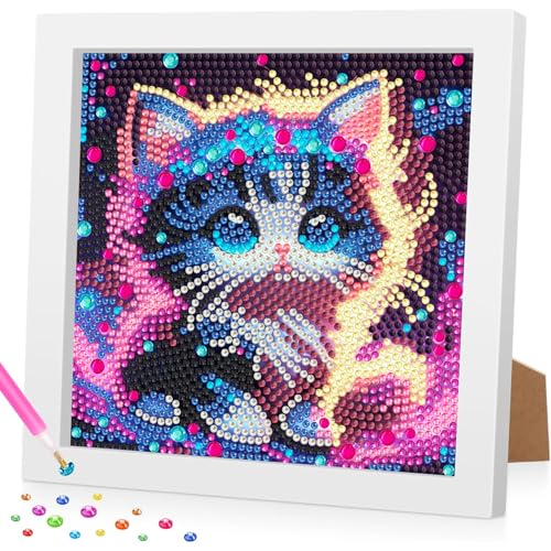 Daisen Art Diamond Painting Katze Mit Holzrahmen Katzen Diamond Painting Kinder-Set Full Diamond Painting Für Kinder ab 4 6 8 10 Diamant Bilder Arts Craft für Home Wand Decor 18X18cm von Daisen Art