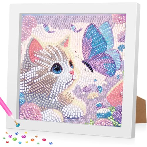 Diamond Painting Kinder mit Rahmen, 5D Kat Diamant Painting Bilder Kinder, DlY Cartoon Diamond Painting Set, Geeignet für dieMobeldekoration 18x18cm von Daisen Art