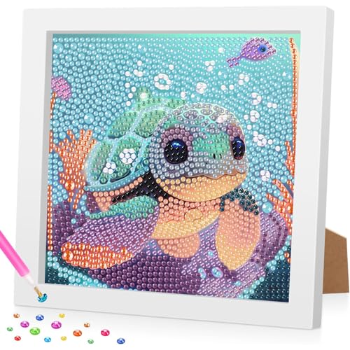 Diamond Painting Kinder mit Rahmen, 5D Meeresschildkröte Diamant Painting Bilder Kinder, DlY Cartoon Diamond Painting Set, Geeignet für dieMobeldekoration 18x18cm von Daisen Art