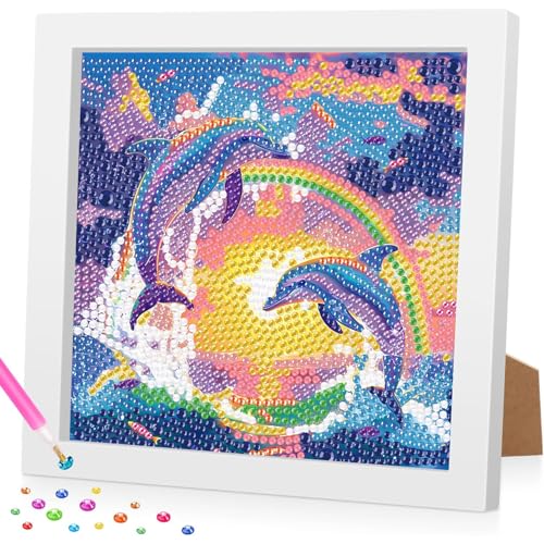 Diamond Painting Kinder mit Rahmen, Delfin 5D Diamant Painting Bilder Kinder, DlY Cartoon Diamond Painting Set, Geeignet für dieMobeldekoration 18x18cm von Daisen Art