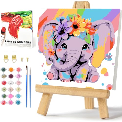 Elefant Malen Nach Zahlen ab 5 6 7 Jahre Mädchen mit Rahmen, Elefant Malen Nach Zahle für Kinder, Elephant Paint by Number for Kids Acrylfarben Klein mit als Geschenk 20x20cm von Daisen Art