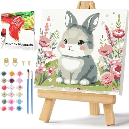 Malen Nach Zahlen ab 7 8 9 10 Jahre Mädchen Paint by Numbers Kinder Mit Geschenkbox und Rahmen Tiere Malen Nach Zahlen für Kinder Anfänger 20x20 cm(Kaninchen) von Daisen Art