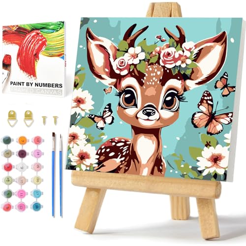 Tiere Malen Nach Zahlen Kinder mit Rahmen Reh Paint by Number for Kids Reh Malen Nach Zahle für Kinder ab 5 6 7 8 9 10 Jahre Mädchen mit als Geschenk 20x20cm von Daisen Art