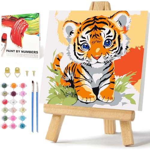 Tiger Malen Nach Zahlen ab 5 6 7 8 9 Jahre Mädchen mit Rahmen Tiere Malen Nach Zahle für Kinder Tiger Paint by Number for Kids Jungen und Mädchen als Geschenk 20x20cm von Daisen Art