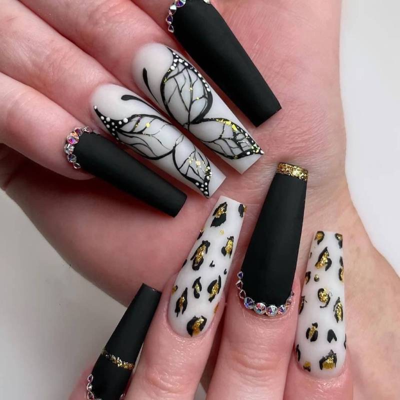 Xxl Schwarz Gold Schmetterling Drücken Auf Nagel Set Für Frauen, Xtra Lange Party Gefälschte Nägel Kit von DaisyNailArt