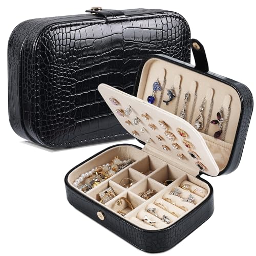 Dajasan Reise Schmuckkästchen, Klein Schmuckaufbewahrung, Schmuckschatulle Damen Mädchen, Leder Schmuckbox, Schmuck Organizer für Ringe, Ohrringe, Halskette, Armbänder (Schwarz) von Dajasan