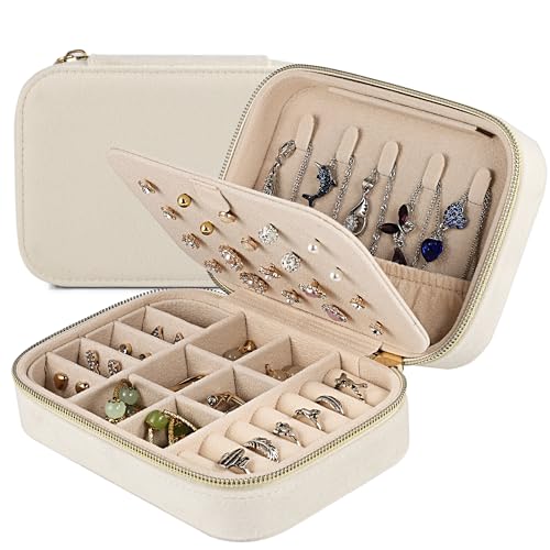 Dajasan Reise Schmuckkästchen, Klein Schmuckaufbewahrung, Schmuckschatulle für Damen, Samt Schmuckbox, Schmuck Geschenk Box für Frauen, Mädchen, Mutter, Kinder, Oma (Beige) von Dajasan