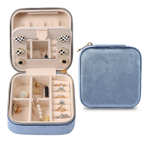 Dajasan Reise Schmuckkästchen, Klein Schmuckaufbewahrung, Schmuckschatulle für Damen Mädchen, Samt Schmuck Organizer, Schmuckbox für Ringe, Ohrringe, Halskette, Armbänder (Blau) von Dajasan