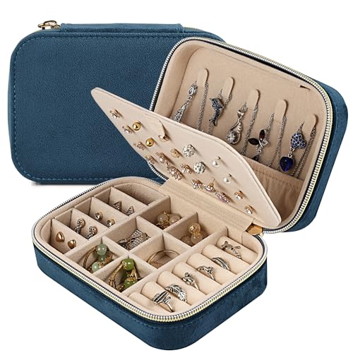 Dajasan Reise Schmuckkästchen, Klein Schmuckaufbewahrung, Schmuckschatulle für Damen Mädchen, Samt Schmuckbox, Schmuck Organizer für Ringe, Ohrringe, Halskette, Armbänder (Blau) von Dajasan