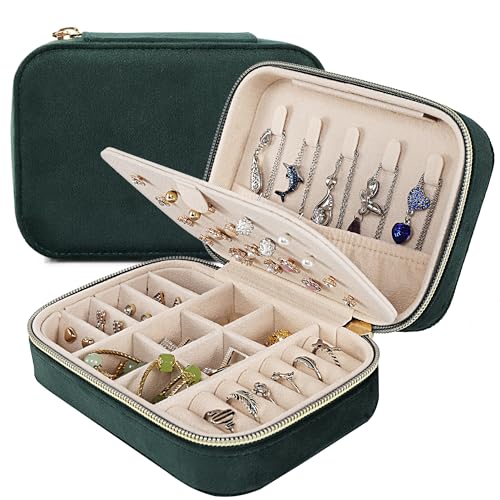 Dajasan Reise Schmuckkästchen, Klein Schmuckaufbewahrung, Schmuckschatulle für Damen Mädchen, Samt Schmuckbox, Schmuck Organizer für Ringe, Ohrringe, Halskette, Armbänder (Grün) von Dajasan