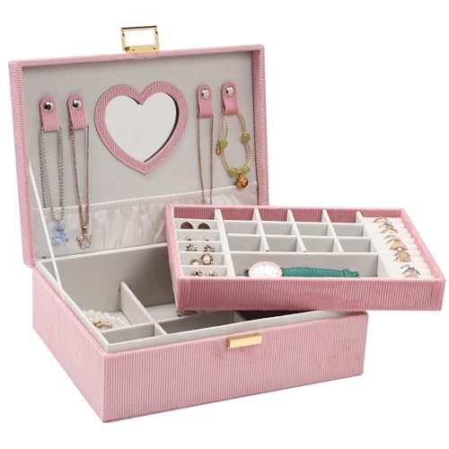 Dajasan Schmuckkästchen Mädchen, Schmuckaufbewahrung Damen, 2 Etagen Samt Schmuckschatulle für kleine Mädchen Kinder, Schmuck Geschenk Box für Weihnachten, Geburtstag, Neujahr (Rosa) von Dajasan