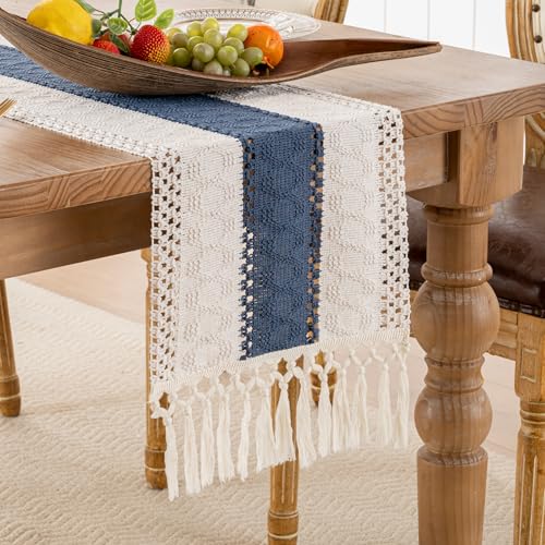 Tischläufer Blau Beige Boho Modern Baumwolle Leinen mit Quaste Rechteckige Häkelspitze Mesh Tischdecke Waschbar Tisch Dekoration 30x180cm für Küche Urlaub Geburtstag Tabletop Dekor von DakTou