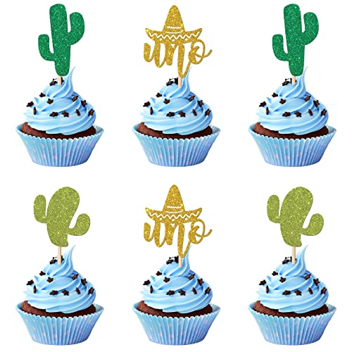 Dalaber 24 Stück Uno Kaktus Cupcake Topper – mexikanisches Fiesta Thema 1. Geburtstag Party Cupcake Picks Dekoration – Babyparty, ein Jahr alt Geburtstag Party Zubehör für Jungen Mädchen von Dalaber