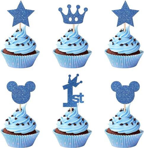 Dalaber 24 Stück blaue glitzernde Cupcake-Topper – Babyparty / 1. Geburtstag Party Kuchen Dekorationen für Jungen Mädchen – Ein Jahr Geburtstag Party Dekorationen von Dalaber