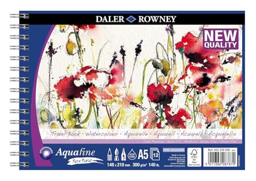 Daler-Rowney Aquafine Spiralblock, Reisebuch-Format, Aquarell und Gouache, texturiert, kaltgepresst, A5 300 g/m², natürliches Weiß, 12 Blatt, ideal für Profis und Anfänger, Künstler und Studenten, säurefrei von Daler Rowney