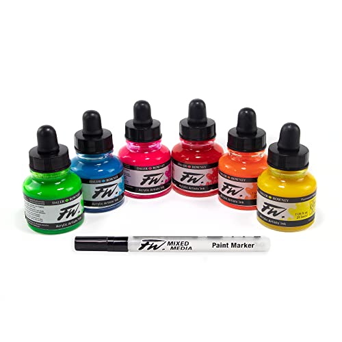 Daler-Rowney FW Acrylic Ink Bottle 6-Color Neon Set with Empty Marker - Acrylic von Daler Rowney