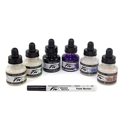 Daler-Rowney FW Acrylic Ink Bottle 6-Color Shimmering Set with Empty Marker - von Daler Rowney