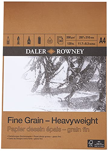 DALER ROWNEY Zeichenpapier, feingekörnte, leichte Textur, 200 g/m², einseitig geleimter Block, DIN A4 21 x 29,7 cm , 30 Blatt von Daler Rowney