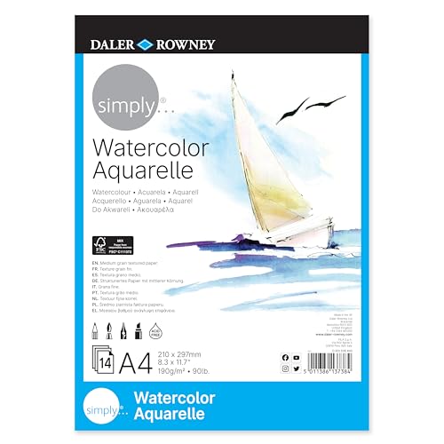 Daler-Rowney, Simply, Aquarellblock, Mittlere Körnung, 190g/m², 14 Seiten, A4 Vollformat 21 x 29.7cm von Daler Rowney