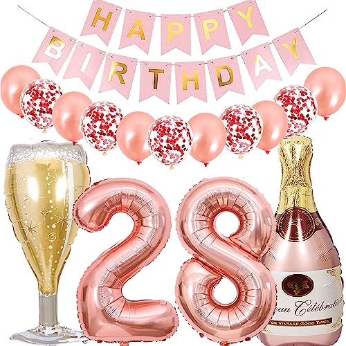 Dalettu Luftballon 28. Geburtstag Deko Frau, Folienballon Weinflasche Sektflasche Rose Gold Helium Ballon Deko, Geburtstagsdeko 28 Jahre Frauen, Happy Birthday Banner für 28 Jahr Geburtstag Party Deko von Dalettu