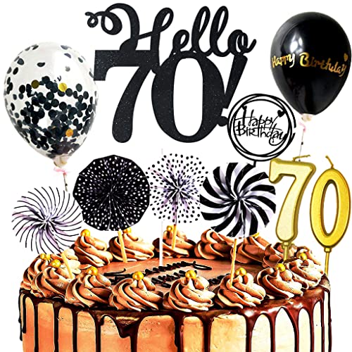 Dalettu 70th Birthday Cake Topper Woman Glitter Cake Topper Hello 70th Birthday Black Cake Decoration with Balloons Confetti and Paper Fans for 70th Birthday Man Party Decoration von Dalettu
