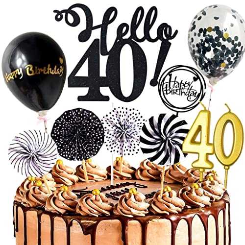 Dalettu Cake Topper 40th Birthday Woman Glitter Cake Topper Hello 40th Birthday Black Cake Decoration with Balloons Confetti and Paper Fans for 40th Birthday Man Party Decoration von Dalettu