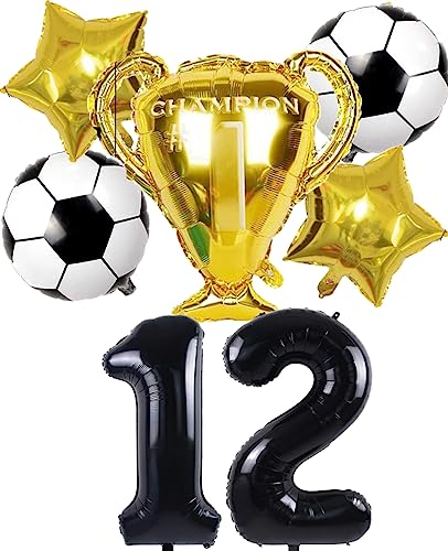 Dalettu Fußball 12. Geburtstag Deko Junge, Luftballons Fußball Geburtstagsdeko 12 Jahre Kinder, Schwarz Riesen Folienballon Zahlen 12, Fußball Thema 12 Jahr Kindergeburtstag Party Deko Luftballons von Dalettu