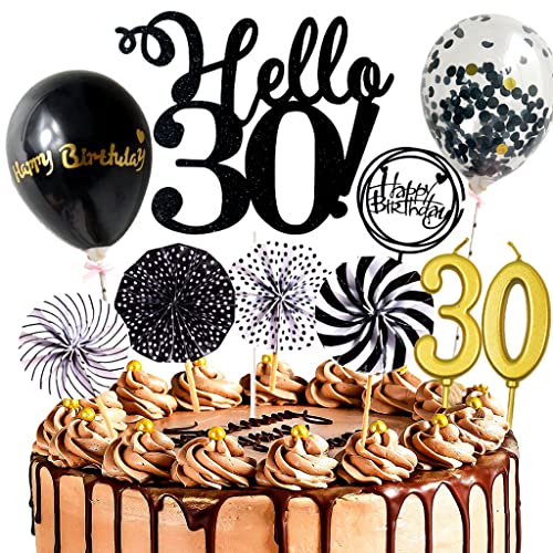 Dalettu Happy Birthday Kuchendeko 30. Geburtstag Mann Frau, Schwarz Tortendeko Happy 30th Birthday, Glitzer Kuchen Dekoration mit Ballons Konfetti für Geburtstagstorte Deko 30 Jahre Frauen Männer von Dalettu