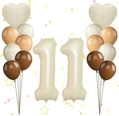 Dalettu Luftballon 11. Geburtstag Mädchen Deko, Ballons Cremeweiß Zahl 11 Luftballon, Happy Birthday Ballons Aprikose Braun Nummer 11 Herz Folienballon für Mädchen Kinder 11. Geburtstag Party Deko von Dalettu