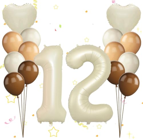 Dalettu Luftballon 12. Geburtstag Mädchen Deko, Ballons Cremeweiß Zahl 12 Luftballon, Happy Birthday Ballons Aprikose Braun Nummer 12 Herz Folienballon für Mädchen Kinder 12. Geburtstag Party Deko von Dalettu