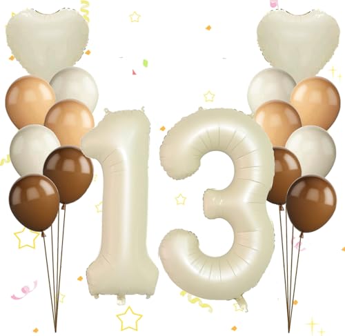 Dalettu Luftballon 13. Geburtstag Mädchen Deko, Ballons Cremeweiß Zahl 13 Luftballon, Happy Birthday Ballons Aprikose Braun Nummer 13 Herz Folienballon für Mädchen Kinder 13. Geburtstag Party Deko von Dalettu