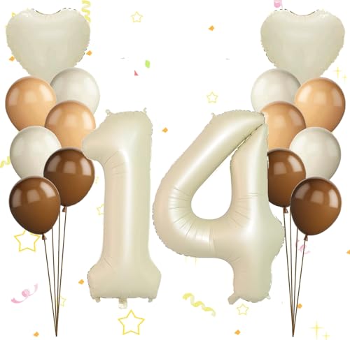 Dalettu Luftballon 14. Geburtstag Mädchen Deko, Ballons Cremeweiß Zahl 14 Luftballon, Happy Birthday Ballons Aprikose Braun Nummer 14 Herz Folienballon für Mädchen Kinder 14. Geburtstag Party Deko von Dalettu