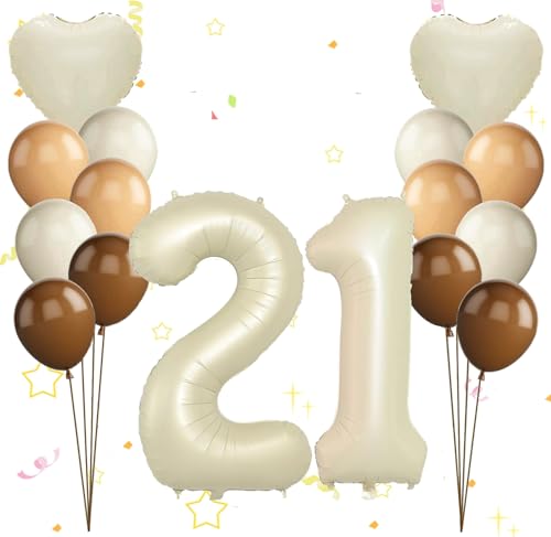 Dalettu Luftballon 21. Geburtstag Frauen Deko, Ballons Cremeweiß Zahl 21 Luftballon, Happy Birthday Ballons Aprikose Braun Nummer 21 Herz Folienballon für Männer Frauen 21. Geburtstag Party Deko von Dalettu