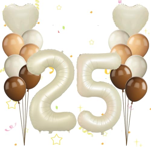 Dalettu Luftballon 25. Geburtstag Frauen Deko, Ballons Cremeweiß Zahl 25 Luftballon, Happy Birthday Ballons Aprikose Braun Nummer 25 Herz Folienballon für Männer Frauen 25. Geburtstag Party Deko von Dalettu