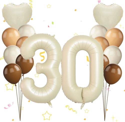 Dalettu Luftballon 30. Geburtstag Frauen Deko, Ballons Cremeweiß Zahl 30 Luftballon, Happy Birthday Ballons Aprikose Braun Nummer 30 Herz Folienballon für Männer Frauen 30. Geburtstag Party Deko von Dalettu