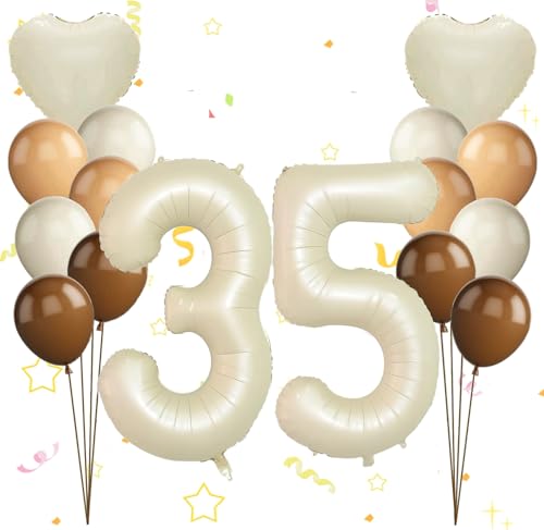 Dalettu Luftballon 35. Geburtstag Frauen Deko, Ballons Cremeweiß Zahl 35 Luftballon, Happy Birthday Ballons Aprikose Braun Nummer 35 Herz Folienballon für Männer Frauen 35. Geburtstag Party Deko von Dalettu