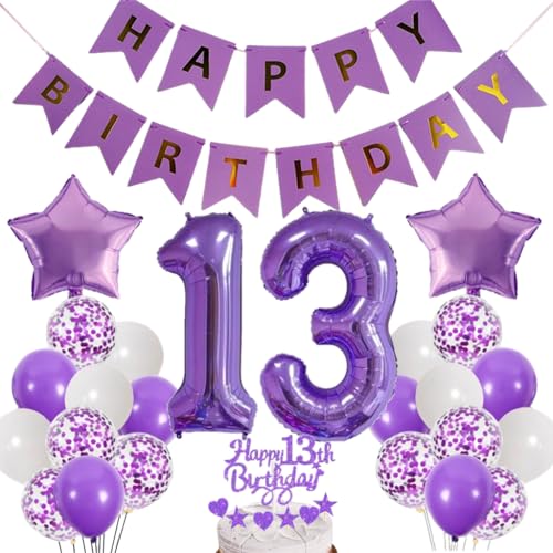 Dalettu Luftballons 13. Geburtstag Dekoration, Tortendeko Happy 13th Birthday Deko 13 Jahre Mädchen, Folienballon Zahl 13 Lila, Deko 13. Geburtstag Mädchen, Lila Geburtstagsdeko 13 Jahr Jungen Mädchen von Dalettu